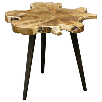 Lilty Free Form Teak Root Table Top, 3 Metal Legs, Natural Clear Lacquer Finish