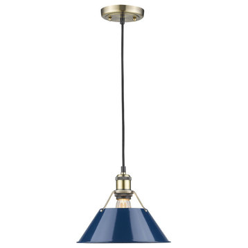 Orwell AB 1-Light Pendant, 10", Aged Brass With Navy Blue Shade