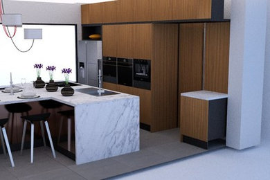 Inspiration for a large contemporary enclosed kitchen in Other with a single-bowl sink, beaded cabinets, medium wood cabinets, laminate countertops, integrated appliances, cement flooring, an island, grey floors and white worktops.