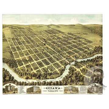 Old Map of Ottawa Kansas 1872, Vintage Map Art Print, 18"x24"