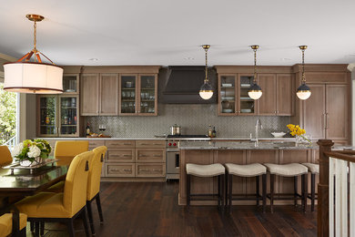 Transitional eat-in kitchen in Minneapolis with glass-front cabinets, medium wood cabinets, grey splashback, stainless steel appliances, dark hardwood floors and with island.