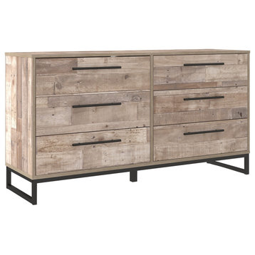 6 Drawer Wooden Dresser With Metal Legs, Washed Brown And Black