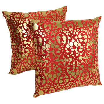 20" Paisley Scaled Velvet Throw Pillow Set of 2, Crimson Velvet/ Gold Foil Appli