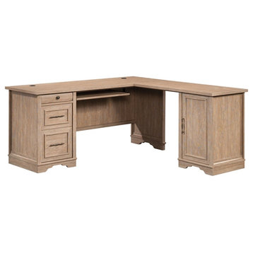 Pemberly Row Contemporary Engineered Wood L-Desk in Brushed Oak Finish