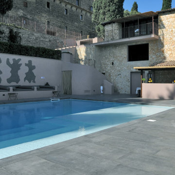 Tiles around pool - concrete wood