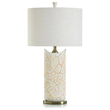 Vanilla Table Lamp, Carved Tile Ivory and Orange Polyresin Body, Off-White Shade