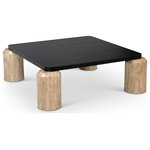 Meridian Furniture - Ferrara Genuine Travertine and Solid Oak Wood Coffee Table, Black / Natural - Enhance your living space with the Ferrara coffee table, featuring a solid black oak wood top and handcrafted travertine legs. This contemporary coffee table boasts a natural finish on the top, paired with the unique charm of genuine travertine legs, making it a striking centerpiece for any room. Each piece is truly one-of-a-kind, reflecting the natural variations. Designed with precision and durability, the Art Deco style adds effortless elegance to any space, while fostering moments of connection.