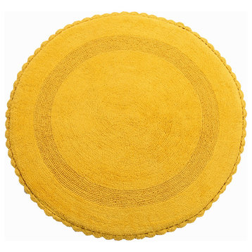 Saffron Fabs Bath Rug 36" Reversible Hand Knit Crochet Lace Border, Yellow