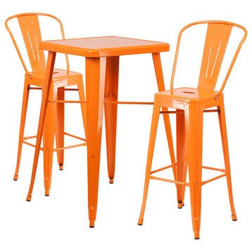 Flash Commercial Grade 23.75" Square Orange Metal Bar Table Set, 2 Back Stools