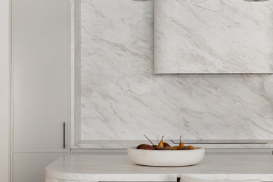 Photo of a mid-sized modern galley eat-in kitchen in Sydney with shaker cabinets, grey cabinets, marble benchtops, marble splashback, dark hardwood floors, brown floor, white benchtop, grey splashback and with island.