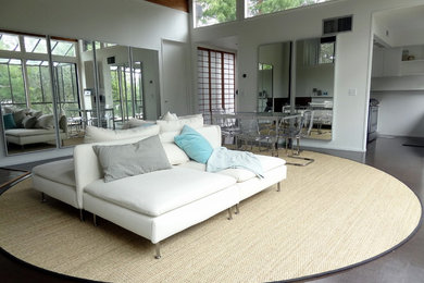 Living room - large transitional living room idea in San Francisco with white walls and no fireplace