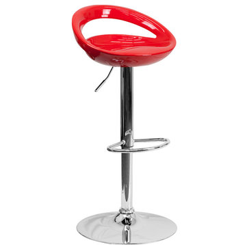 Contemporary Plastic Adjustable Height Barstool With Chrome Base, Red