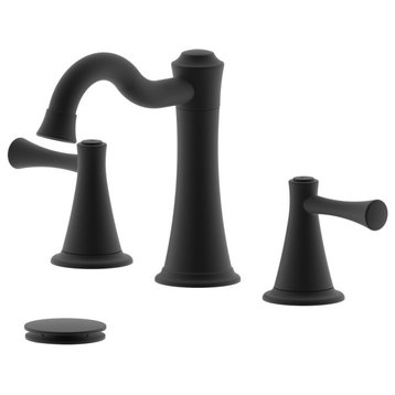 Konya Double Handle Matte Black Widespread Faucet, Drain Assembly With Overflow