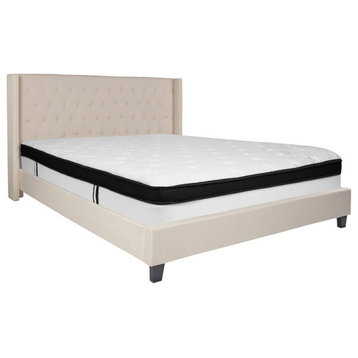 Flash Furniture Riverdale Tufted King Wingback Platform Bed in Beige