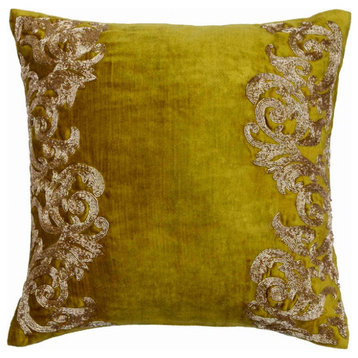 Decorative 18"x18" Zardozi Lemon Grass Velvet Pillows For Couch, Gold Mythology