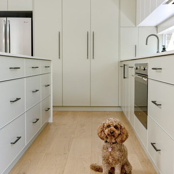 Contemporary Green Kitchen with Black Hardware