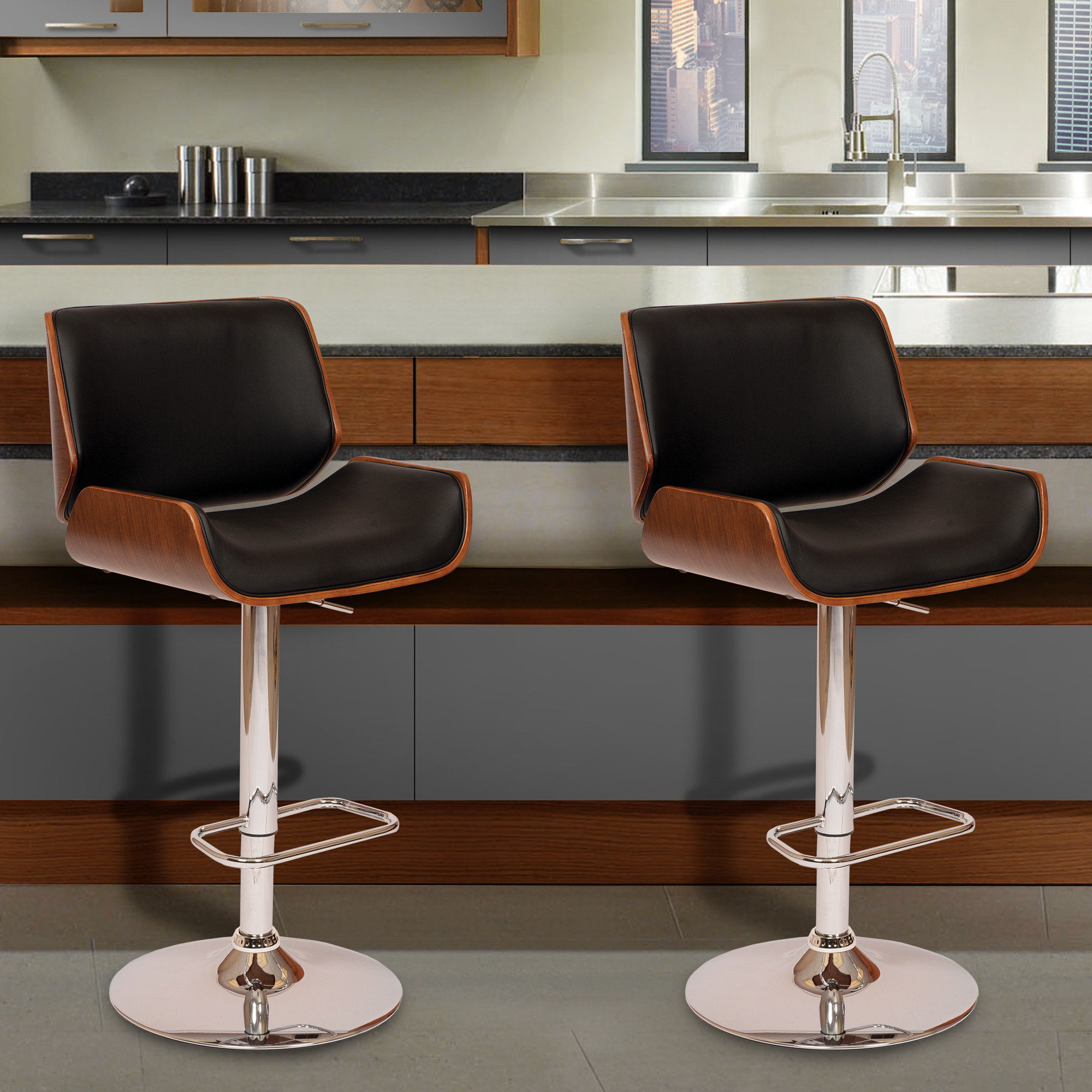 Black Upholstered Chrome Base Adjustable Bar Stool - Contemporary - Bar ...