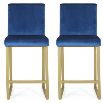 GDF Studio Lexi Modern Glam Velvet Barstools, Set of 2, Navy Blue