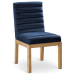 Meridian Furniture - Evelyn Upholstered Dining Chair, Navy, Velvet, Natural Finish - Transform your dining area with the Evelyn dining chair, featuring luxurious navy velvet upholstery. Supported by rich natural solid ash wood legs and detailed with deep channel tufting, this chair exudes both durability and opulence. The 460 GSM velvet offers a sumptuous texture, while the contemporary design ensures it makes a striking addition to any space. This chair seamlessly blends style and comfort, perfect for creating a refined dining experience.