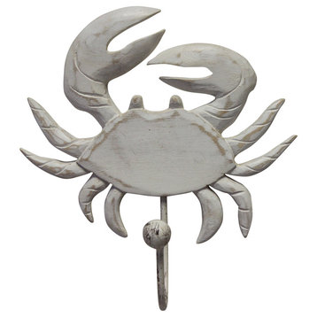 Crab Carved Whitewashed Wood Wall Single Hook 8.5 Inch