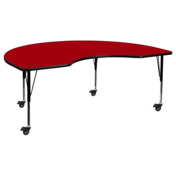 Mobile 48''W x 72''L Kidney Red Thermal Laminate Activity Table-Adj. Legs