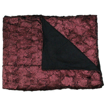 Burgundy and Black Plush and Velvety Faux Fur Throw Blanket, 50"x60"