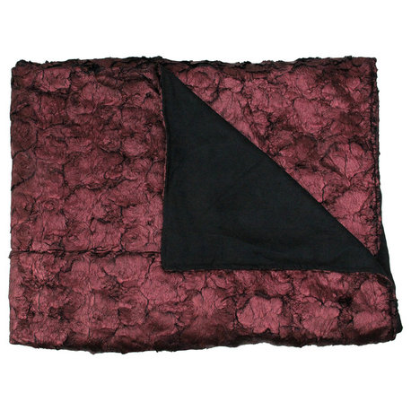 Burgundy and Black Plush and Velvety Faux Fur Throw Blanket, 50"x60"