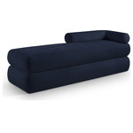 Meridian Furniture - Kennedy Upholstered Bench, Navy, Chenille Fabric - Cozy never looked so good as when you're curled up on this Kennedy navy chenille fabric bench. The posh chenille fabric is ultra soft and welcoming, inviting you to lounge around and take it easy for a moment. A unique shape makes this bench an eye-grabbing addition to your living room or bedroom, with its channel base giving it added textural appeal. Contemporary by design, this bench bridges the gap between modern and traditional, so it's an easy fit wherever you choose to use it.