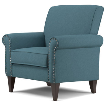 Classic Accent Chair, Linen Seat & Rolled Armrests With Nailhead, Caribbean Blue