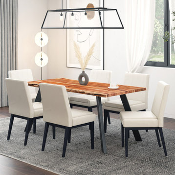 7-Piece Dining Set, Natural Table With Beige Chair
