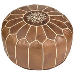 Moroccan Buzz - Natural Brown Stuffed Moroccan Leather Pouf - Ours is a premium version of the Moroccan leather pouf: heavier, more durable, and crafted of premium materials and handmade charm. The Moroccan Buzz label is assurance that your pouf has been responsibly sourced from select Moroccan artisans who consistently meet our specifications for leather quality, stitching quality and detail, zipper weight, and more. Densely hand-stuffed with cotton batting, this pouf is firmer and more durable as our filling does not break down as quickly as synthetic filling used in other poufs. Each pouf is unique, with subtle variations inherent in authentic handcrafted products. Perfect as a footstool/ottoman, extra seating or decor accent in living room, family room, nusery, playroom and more. Measures approximately 20" diameter and 13.5" high. Bottom zipper. Cleaning: use mild leather cleaner when needed.