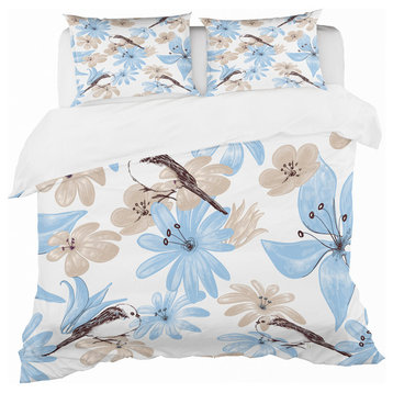Drawing of Blue Flowers With Little Bird Floral Duvet Cover, King