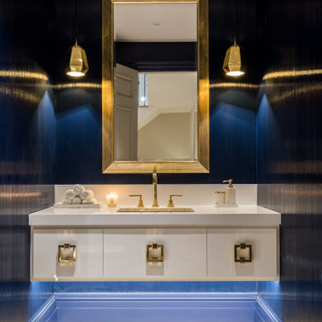 Blue Lacquer Cloakroom with Brass Basin and Marble Vanity - Chelsea