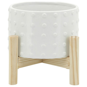 6" Ceramic Dotted Planter With Wood Stand, White