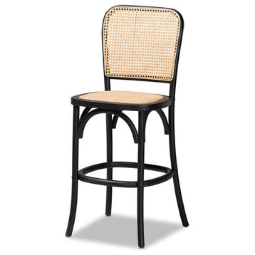Baxton Studio Vance Brown Woven Rattan and Black Wood Cane Counter Stool