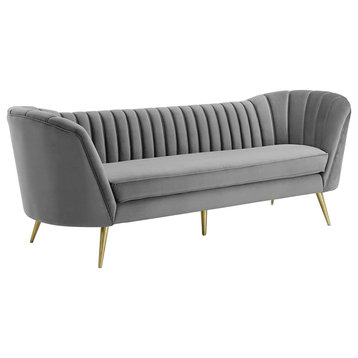 Mid Century Sofa, Velvet Upholstered Seat With Curved Channel Tufted Back, Gray