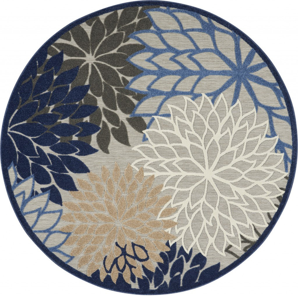 8' Round Blue And Gray Round Floral Indoor Outdoor Area Rug ...