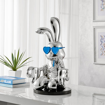 Sitting Rabbit with Tie and Glasses Resin Handmade Sculpture, Blue