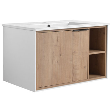 BNK Single Sink Bathroom Vanity with Soft Close Door and 2 Right Side Shelves, Imitative Oak, 30 Inch