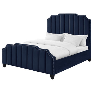Inspired Home Zaida Bed, Velvet Upholstered, Navy, Queen