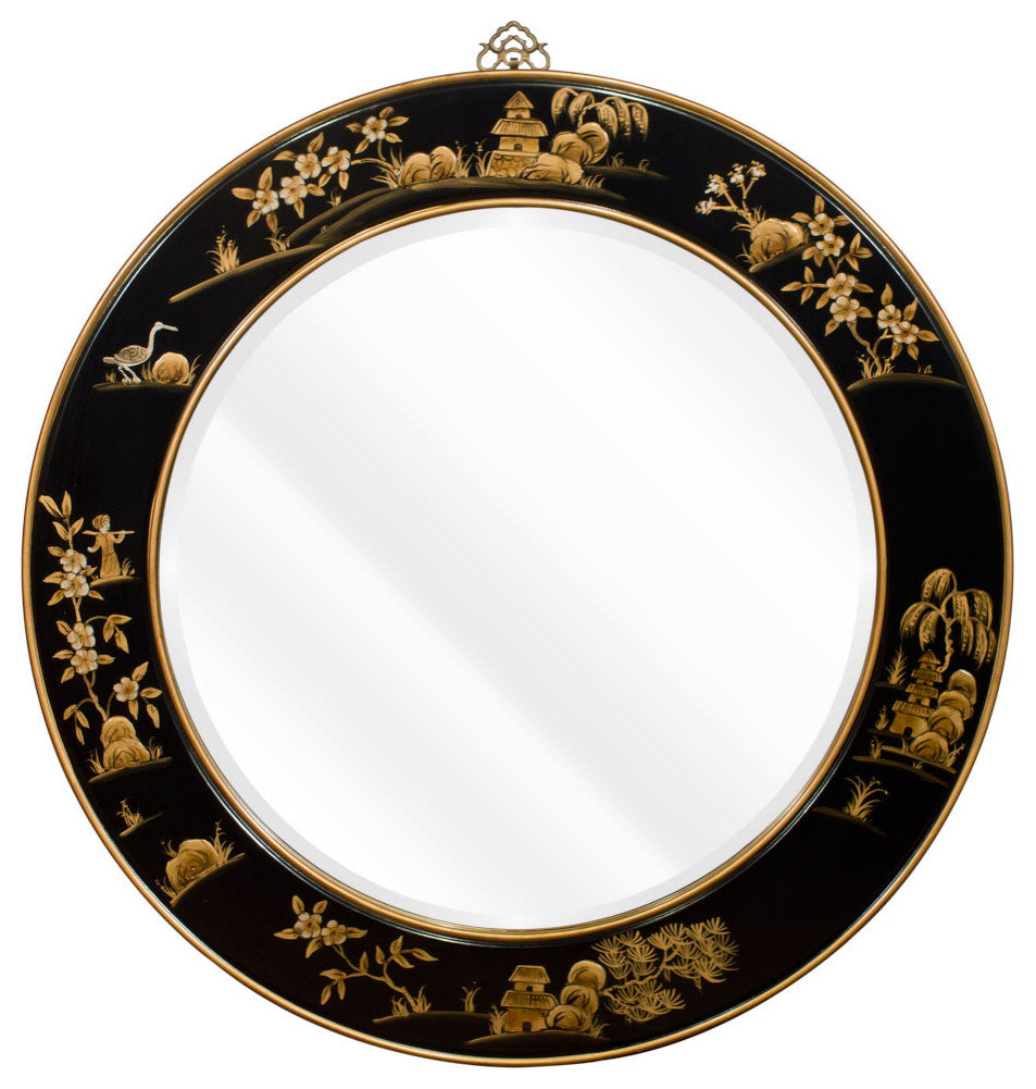 Chinoiserie Scenery Motif Oriental Round Mirror Asian Wall Mirrors