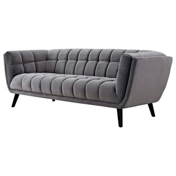Transitional Sofa, Velvet Cushioned Seat & Back With Deep Button Tufting, Grey