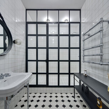 Master Bath - Black metal grid framed glass shower door