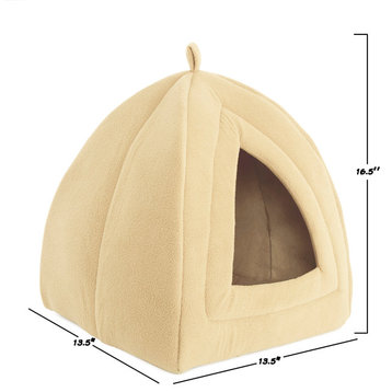 Igloo Cat Bed, Soft Indoor House, Removable Cushion by Petmaker, Tan