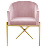 Meridian Furniture - Xavier Velvet Dining Chair, Pink, Gold Legs - Spread elegance and modernity to your dining room with this Xavier pink velvet dining chair from Meridian Furniture. This beautiful chair features a simple barrel seat with a plush cushion and back, ensuring that every meal is a comfortable one. The gold steel legs provide durable support while you sit, and an "X" leg in the back lends the chair an uber-modern vibe. Gold finishing on the base is sleek and chic, giving this chair a contemporary edge that's well at home in any modern dining room. Sleek pink velvet upholstery is durable and tough yet soft against your body, elevating meal times to a luxurious experience.