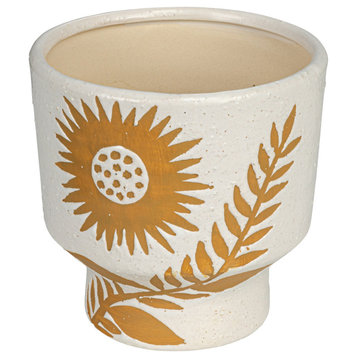 Stoneware Footed Planter With Flower, Reactive Glaze, White and Mustard