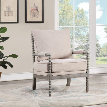 Farmhouse Accent Chair, Turned Spindle Detailing With Padded Armrests, Linen