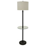 StyleCraft Home Collection - Madison Bronze Finish Steel Table Floor Lamp With Fabric Drum Shade - A tall and versatile living room favorite, the Madison floor lamp features a bronze finish body with a single rod design. The body is mounted on a round base with a stepped pattern and accented by a mid-level round tabletop. It's completed with a white hardback fabric shade to bring together its understated sofa-side appeal.
