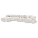 Meridian Furniture - Ames Boucle Fabric L-Shaped Modular Sectional, Cream, 5-Piece: 2 Armless Chair, 2 Corner Chair, 1 Ottoman - Introduce a touch of modern sophistication to your living area with the exquisite Ames Boucle Fabric Sectional. With plush cream boucle fabric and unique design, it will elevate the visual appeal of your living space. This elegant and captivating sectional can be mixed and matched with other pieces from the collection to create an endless array of stunning looks. So, get ready to transform your living area into an inviting and stylish haven with the Ames Boucle Fabric Sectional.