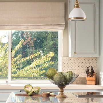 Country Chic Kitchen With Crema Marfil Backsplash Tile